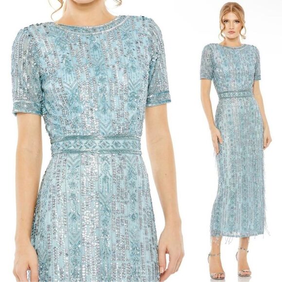 Mac Duggal 5980 Size 8 High Neck Crystal Fringe French Blue Beaded Column Dress - Picture 12 of 13